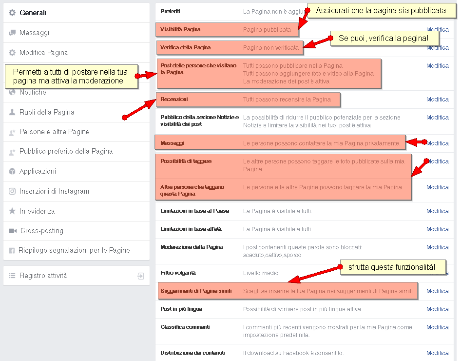 impostazioni pagina facebook
