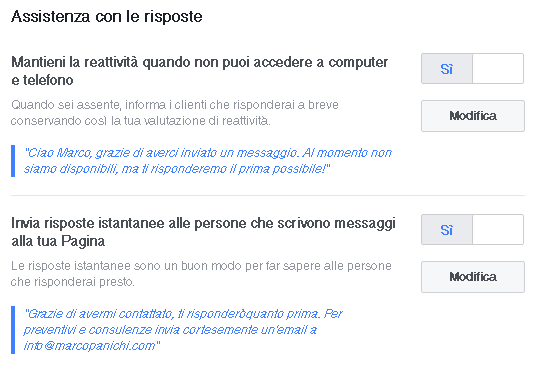 opzioni messaggi pagina facebook