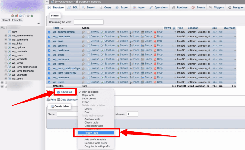 wordpress repair tables database