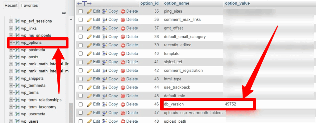 wordpress scoprire versione database tabella wp_options